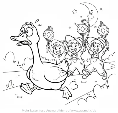 Ängstliche Gans flieht vor Kindern mit Laternen, Sankt Martins Ausmalbild