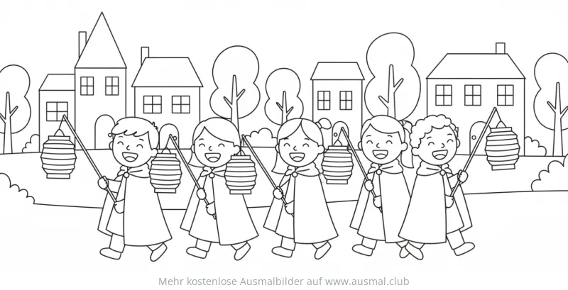 Fröhliche Kinder mit Laternen beim Laternenumzug Ausmalbild