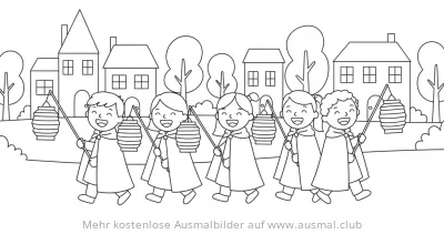 Fröhliche Kinder mit Laternen beim Laternenumzug Ausmalbild