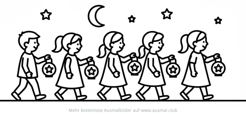 Kinder mit Laternen beim Laternenumzug Ausmalbild