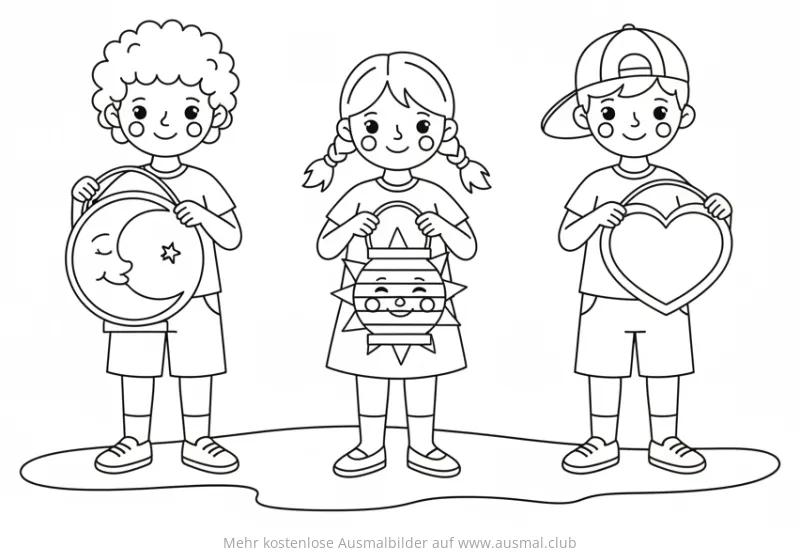Drei Kinder mit Mond-, Sonnen- und Herz-Laterne Ausmalbild