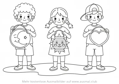 Drei Kinder mit Mond-, Sonnen- und Herz-Laterne Ausmalbild