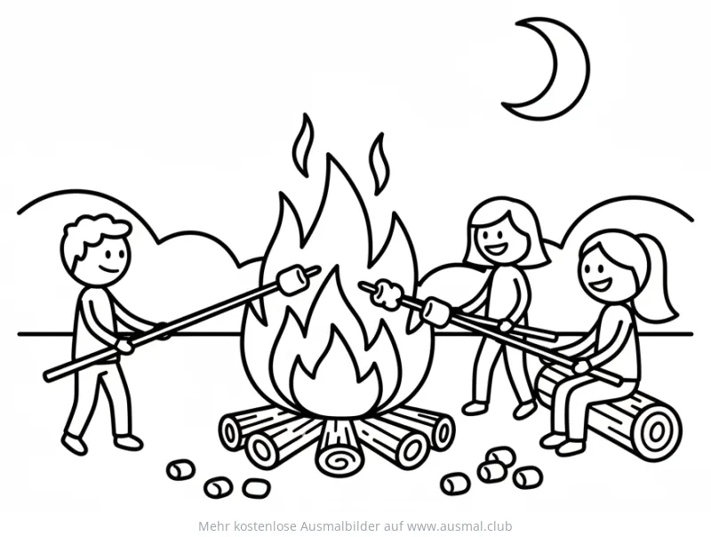 Kinder rösten Stockbrot am Lagerfeuer Ausmalbild