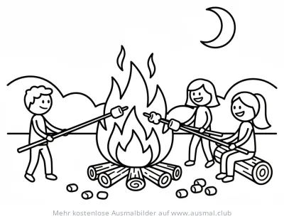 Kinder rösten Stockbrot am Lagerfeuer Ausmalbild