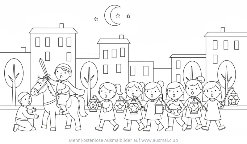Sankt Martin Martinsumzug mit Kindern und Laternen Ausmalbild