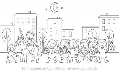 Sankt Martin Martinsumzug mit Kindern und Laternen Ausmalbild