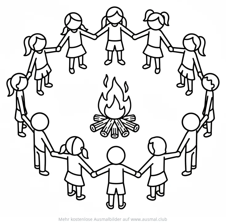 Kinder tanzen um ein Lagerfeuer Ausmalbild
