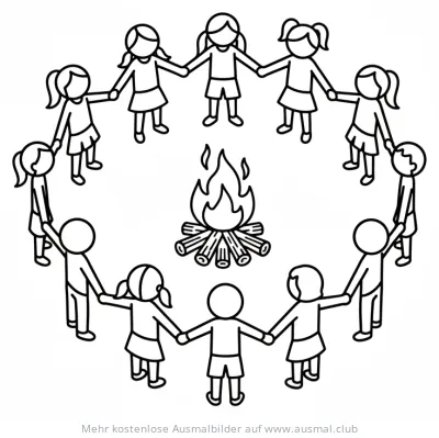 Kinder tanzen um ein Lagerfeuer Ausmalbild
