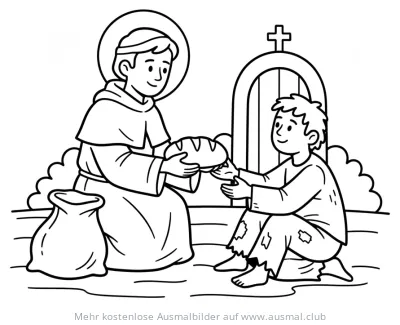 Sankt Martin teilt Brot mit einem armen Jungen Ausmalbild