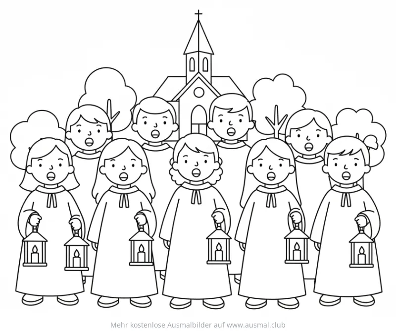 Singende Kinder mit Laternen vor Kirche Ausmalbild
