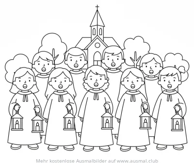 Singende Kinder mit Laternen vor Kirche Ausmalbild
