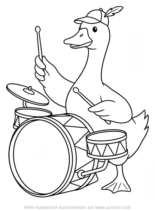 Gans mit Hütchen spielt Trommel Ausmalbild