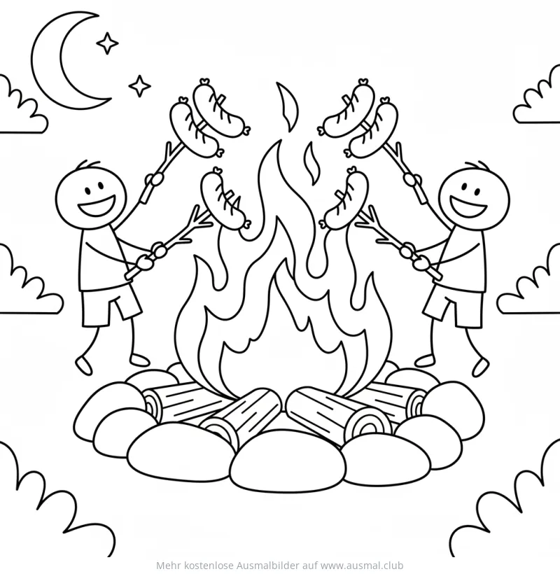 Zwei Kinder grillen Würstchen über einem Lagerfeuer Ausmalbild