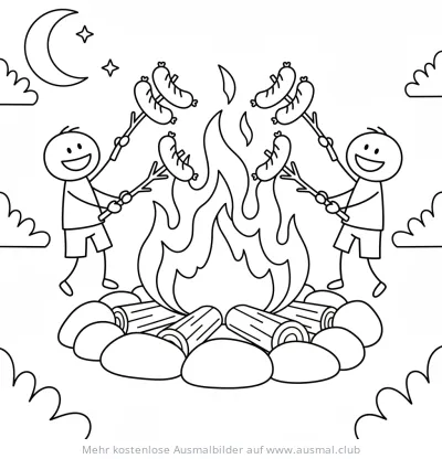 Zwei Kinder grillen Würstchen über einem Lagerfeuer Ausmalbild