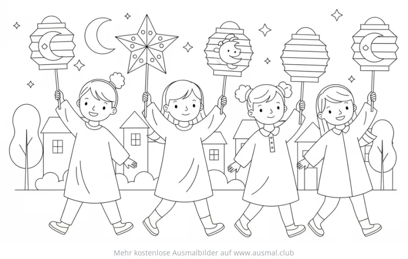 Kinder beim Laternenumzug Ausmalbild