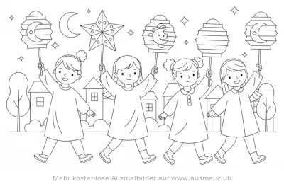 Kinder beim Laternenumzug Ausmalbild