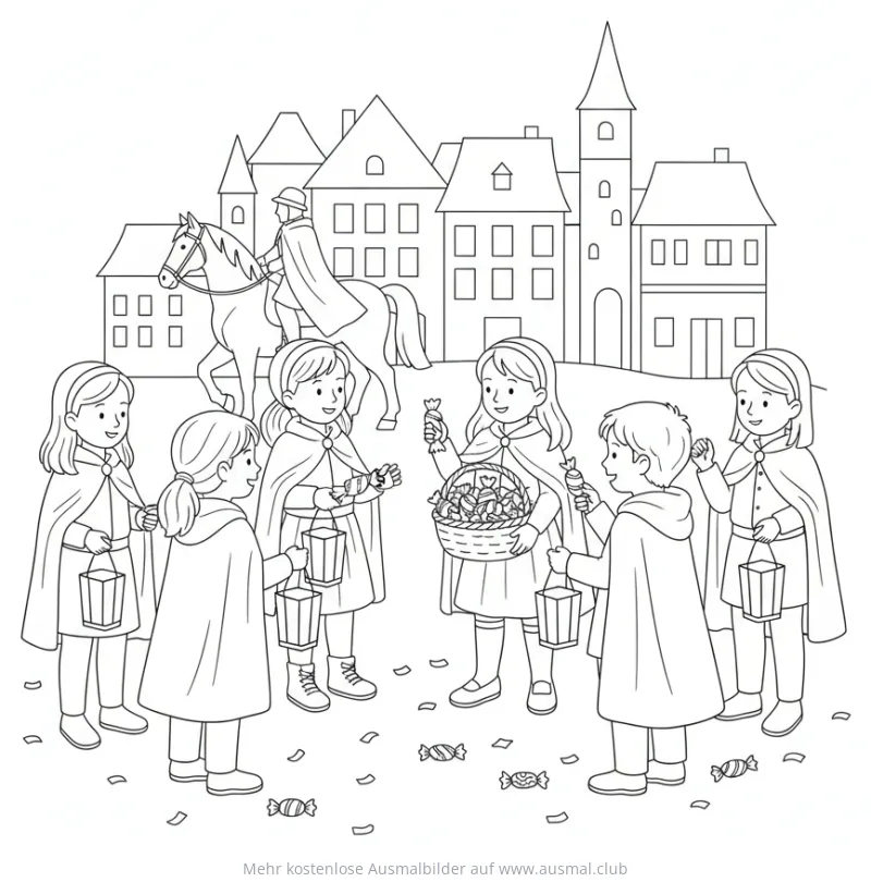 Sankt Martin Ausmalbild: Kinder mit Laternen erhalten Süßigkeiten