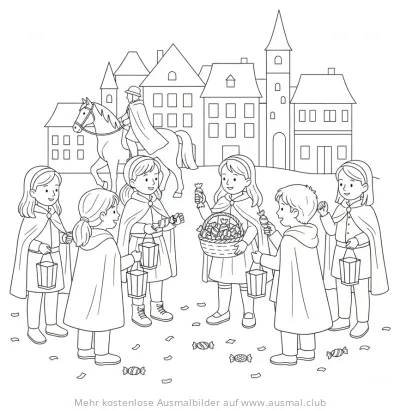 Sankt Martin Ausmalbild: Kinder mit Laternen erhalten Süßigkeiten