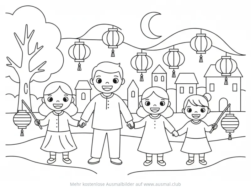 Familie mit Laternen beim Sankt Martinsumzug Ausmalbild