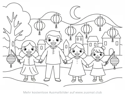 Familie mit Laternen beim Sankt Martinsumzug Ausmalbild