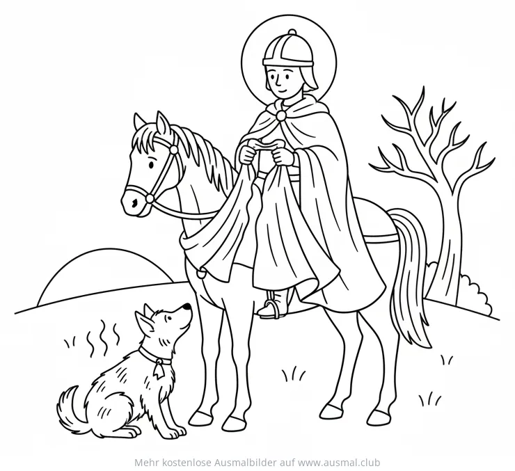 Sankt Martin auf dem Pferd teilt Mantel mit Hund Ausmalbild