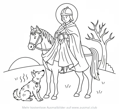 Sankt Martin auf dem Pferd teilt Mantel mit Hund Ausmalbild