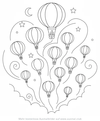 Laternen in Ballonform steigen in den Nachthimmel Ausmalbild