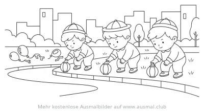 Kinder stellen Laternen ab Ausmalbild