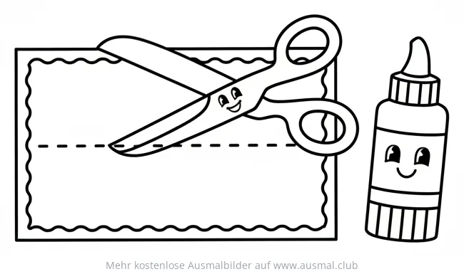 Schere schneidet Papier und Kleber Ausmalbild