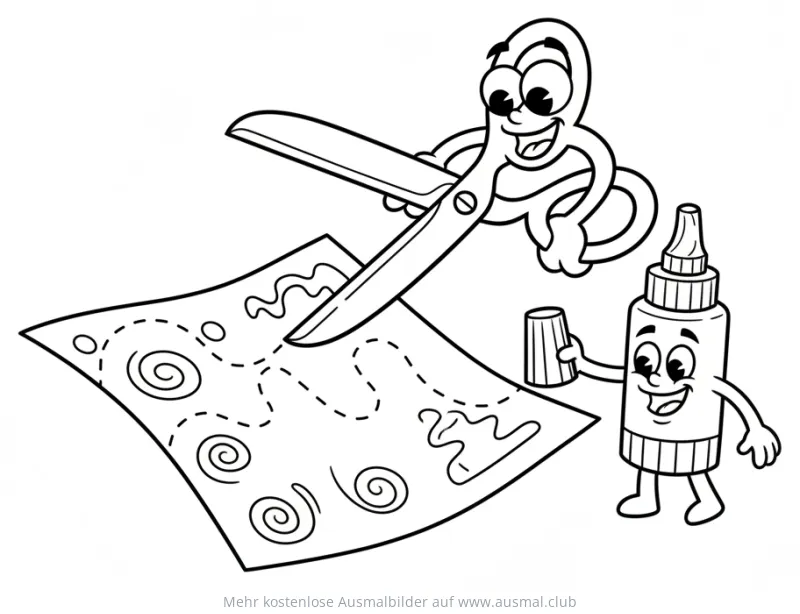 Freundliche Schere schneidet Papier, Klebstoff steht daneben Ausmalbild