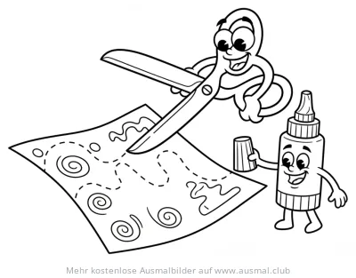 Freundliche Schere schneidet Papier, Klebstoff steht daneben Ausmalbild