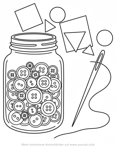 Einmachglas mit Knöpfen, Nadel und Faden Ausmalbild