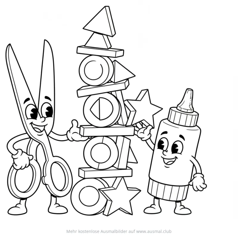 Schere, Kleber und geometrischer Formen-Turm Ausmalbild