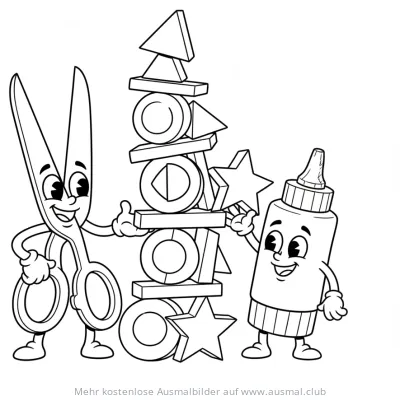 Schere, Kleber und geometrischer Formen-Turm Ausmalbild