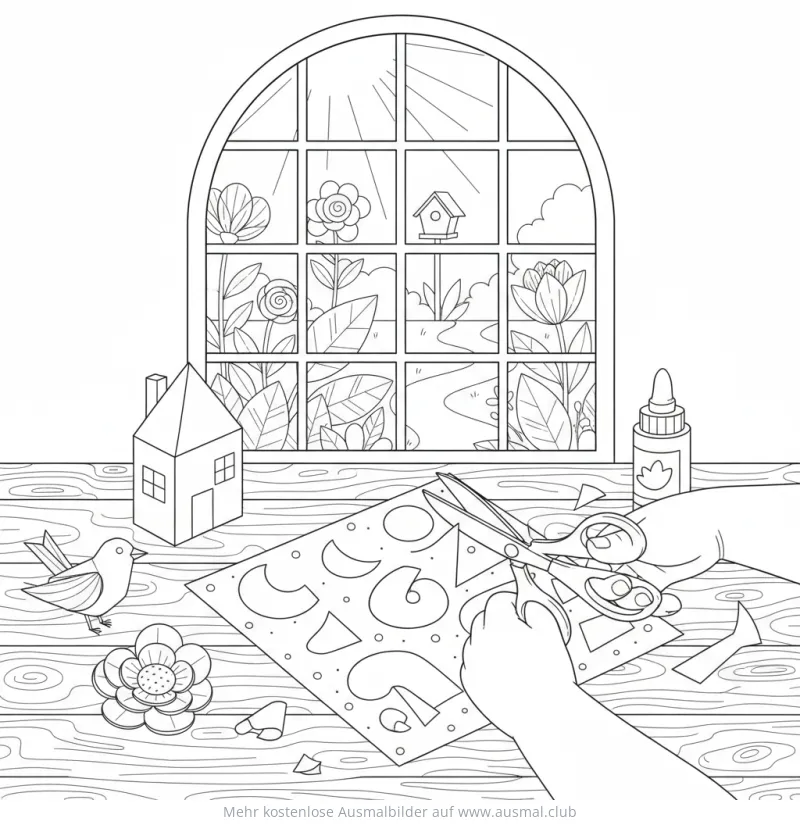 Bastelszene mit Schere, Kleber, Papier und Vogel Ausmalbild