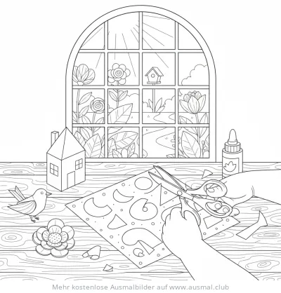 Bastelszene mit Schere, Kleber, Papier und Vogel Ausmalbild