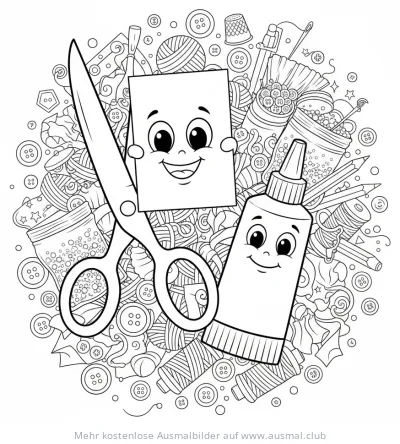 Schere, Kleber, Papier und Bastelmaterialien Ausmalbild