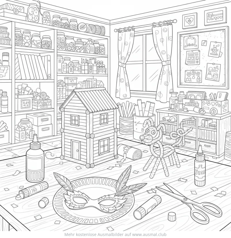 Bastelprojekte mit Holzhütte, Maske und Pfeifenputzer-Hund Ausmalbild