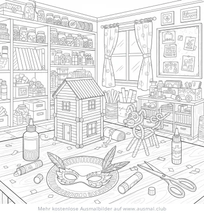 Bastelprojekte mit Holzhütte, Maske und Pfeifenputzer-Hund Ausmalbild