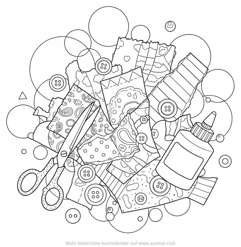 Collage mit Schere, Kleber, Stoffresten und Knöpfen Ausmalbild