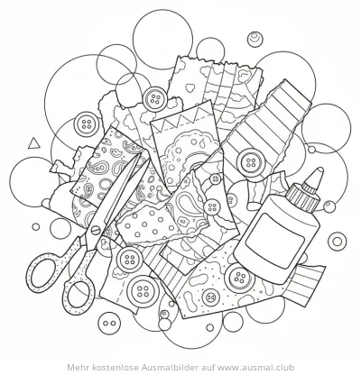 Collage mit Schere, Kleber, Stoffresten und Knöpfen Ausmalbild