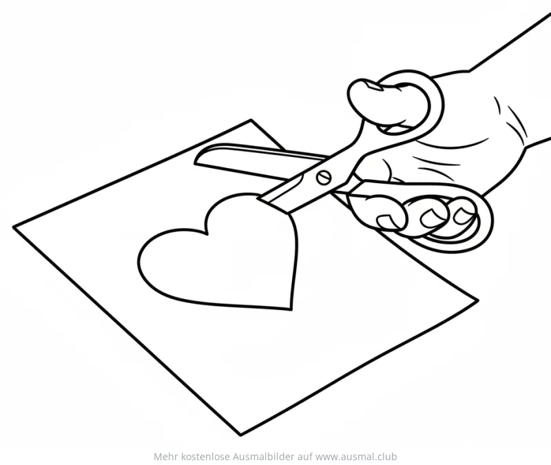 Hand schneidet Herz mit Schere aus Papier Ausmalbild