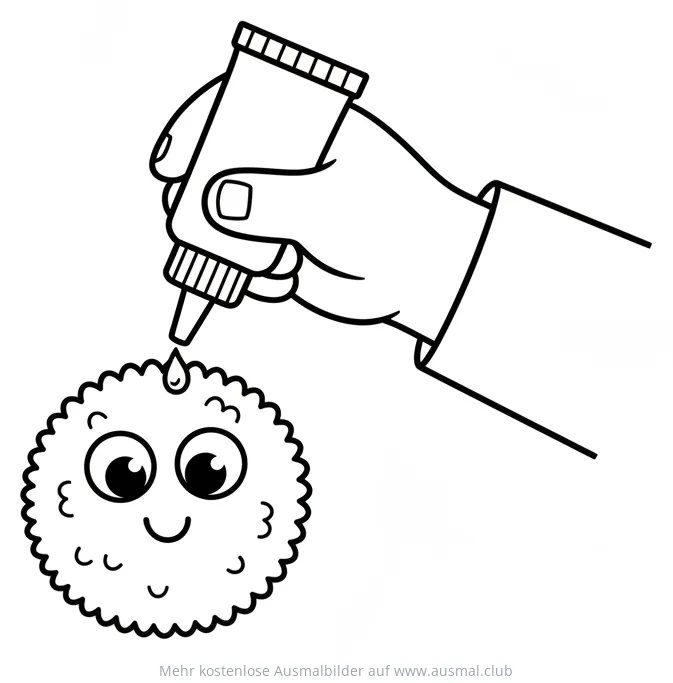 Hand klebt Wackelaugen auf ein flauschiges Ausmalbild