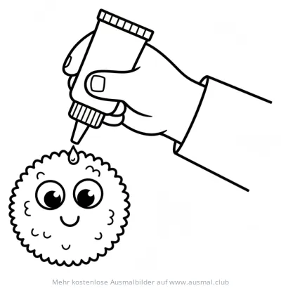 Hand klebt Wackelaugen auf ein flauschiges Ausmalbild