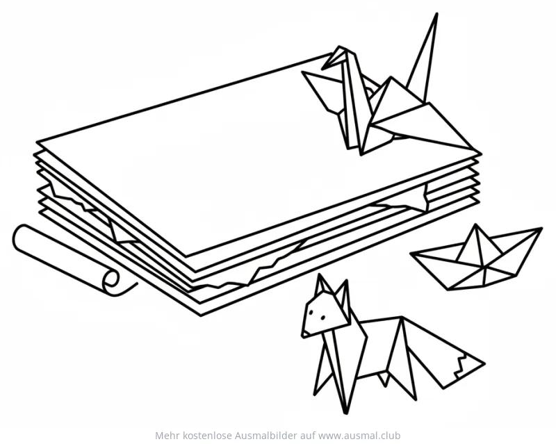 Origami Kranich, Fuchs und Boot Ausmalbild auf Papierstapel