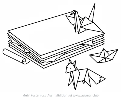 Origami Kranich, Fuchs und Boot Ausmalbild auf Papierstapel