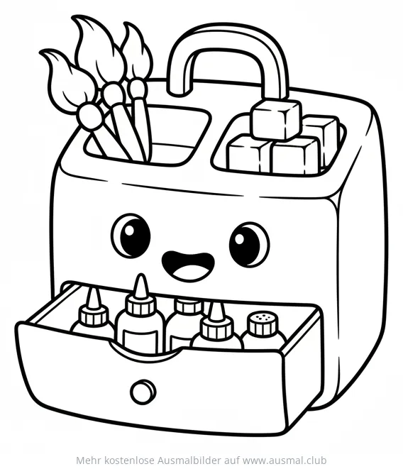 Bastelbox mit Pinseln, Farben und Farbtuben Ausmalbild