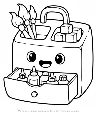 Bastelbox mit Pinseln, Farben und Farbtuben Ausmalbild