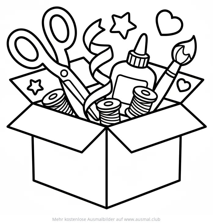 Schere, Kleber und Bastelmaterialien in Pappkiste Ausmalbild