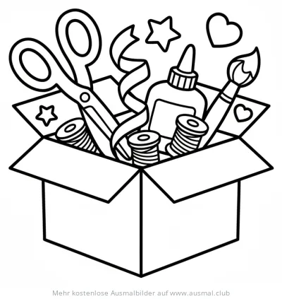 Schere, Kleber und Bastelmaterialien in Pappkiste Ausmalbild